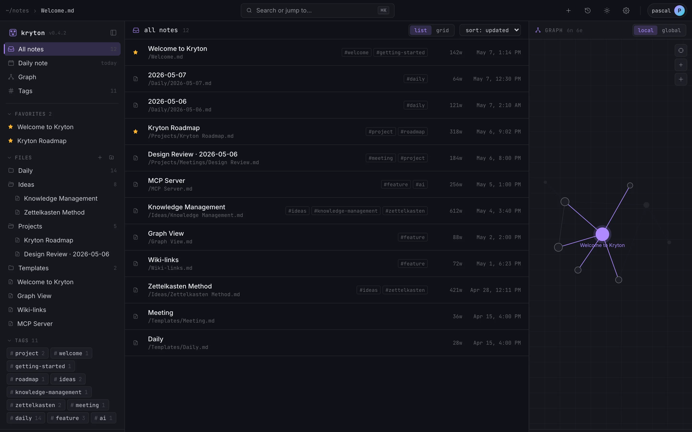 Kryton dashboard with sidebar of folders and a list of recent notes.