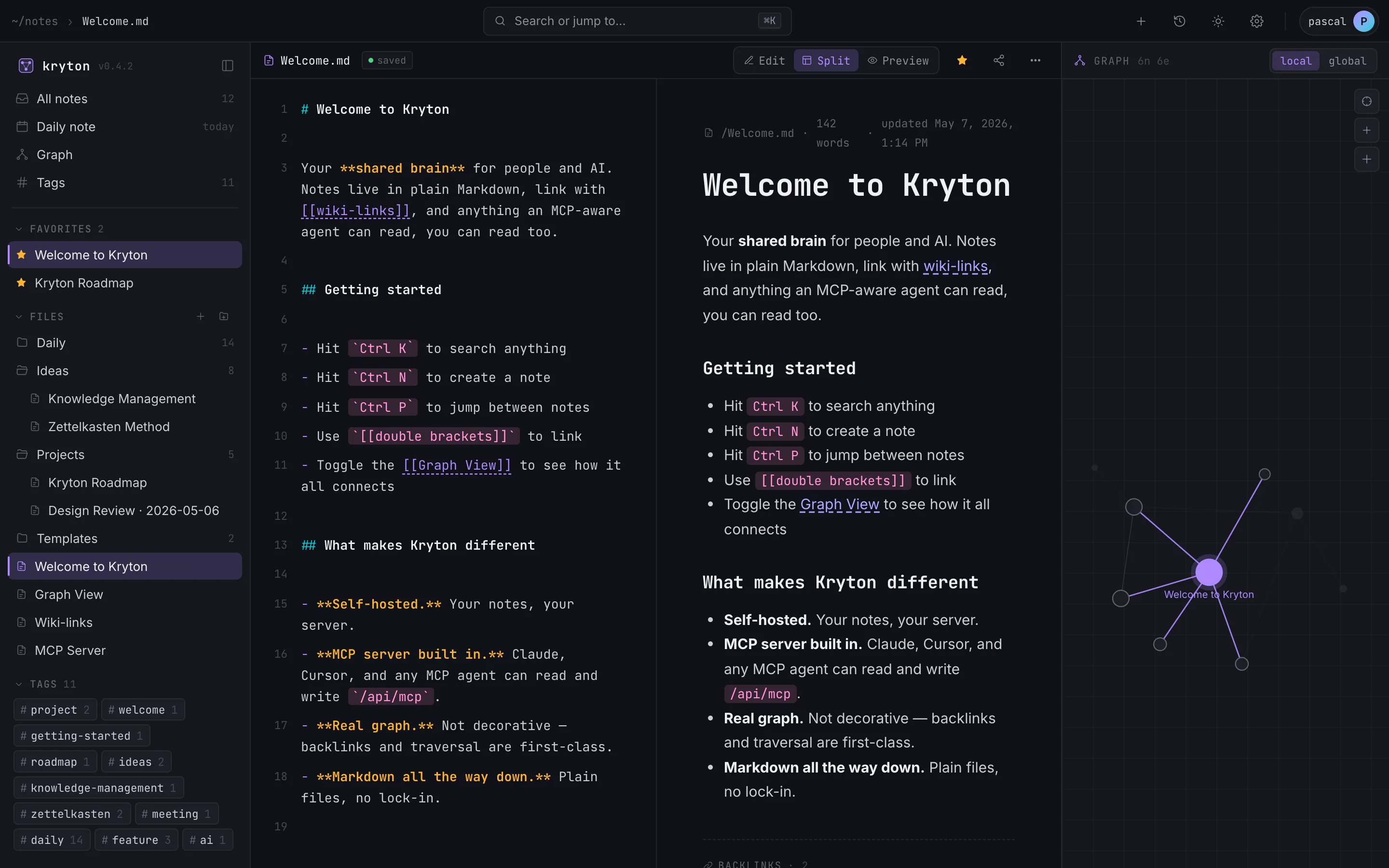 Kryton markdown editor showing a note with wiki-links and a graph panel.