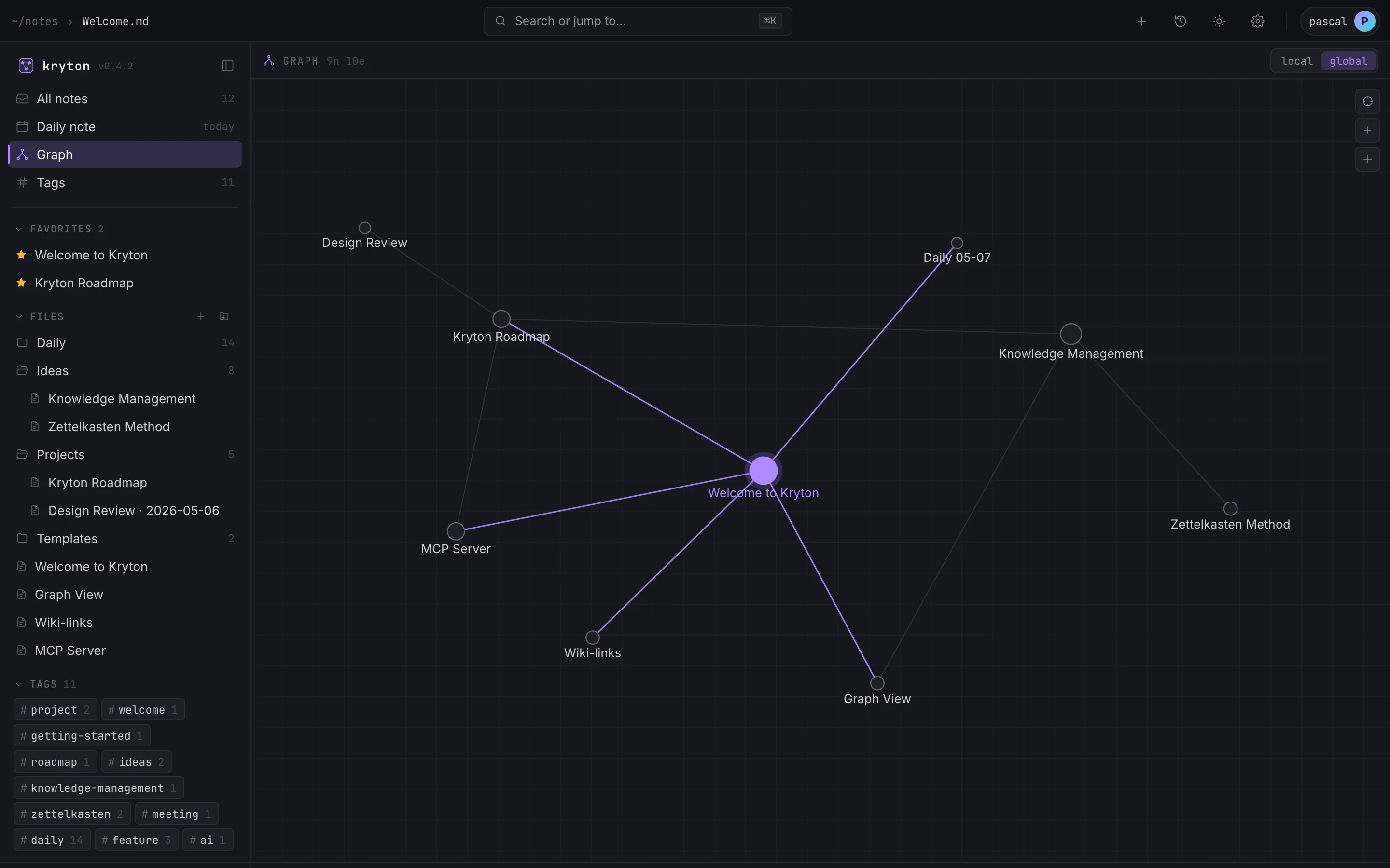 Knowledge graph view with hundreds of connected nodes.
