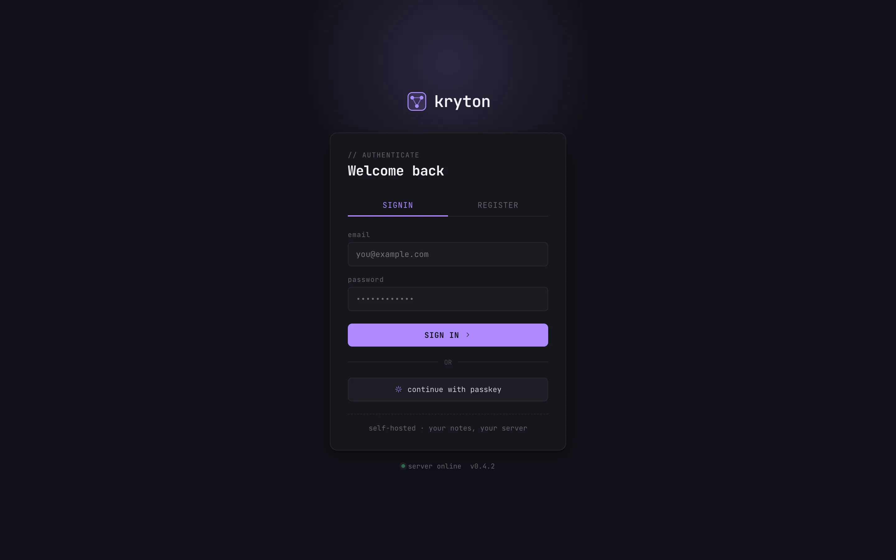 Kryton login page on a self-hosted instance with email, password, and passkey options.